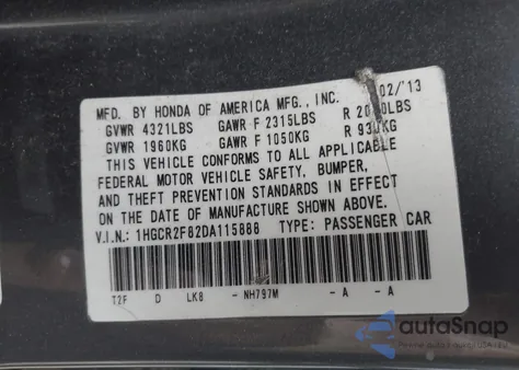 2013 Honda Accord Sdn Ex-L from USA, damaged, VIN 1HGCR2F82DA115888
